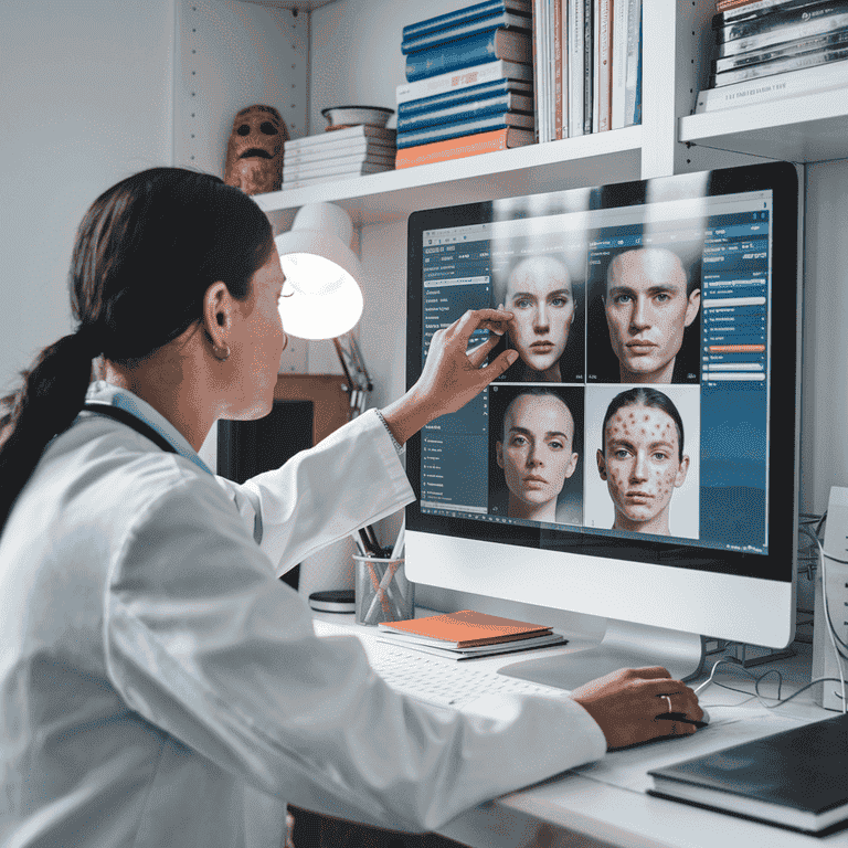 A dermatologist in a home office reviewing skin condition images on a computer, representing their role as a dermatology expert witness in legal cases.