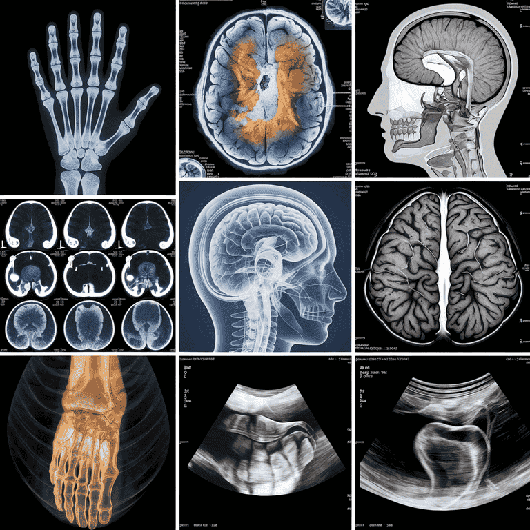 Collage of different medical imaging scans including X-ray, MRI, and CT scan