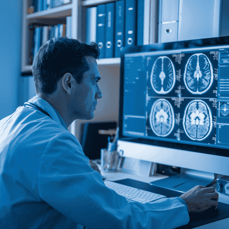 A neurosurgeon in a home office reviewing brain scans on a computer, representing expertise in neurosurgery expert witness services.