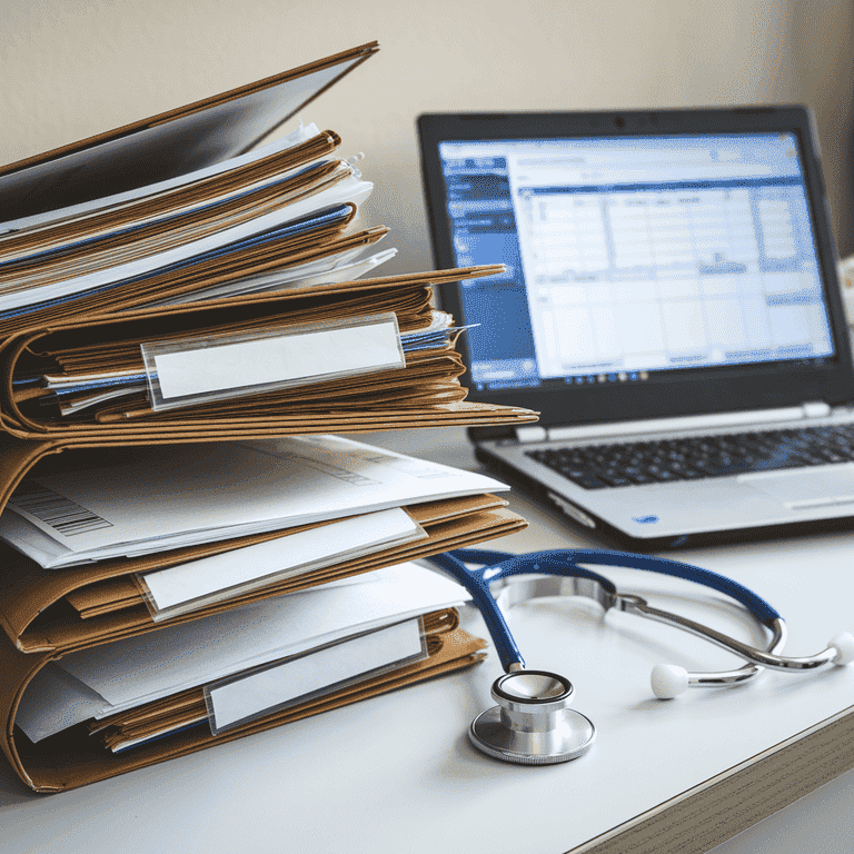 Desk with medical files, a stethoscope, and a laptop indicating collaboration on a legal case.