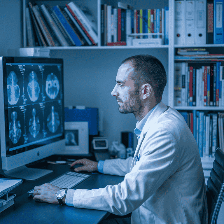 A physician in a home office reviewing radiology scans on a computer screen, symbolizing expertise in radiology expert witness services.